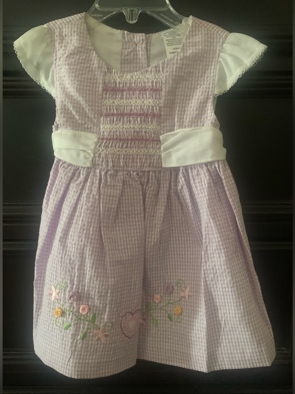 Lavender Gingham Smocked Girls' Dress with Floral Embroidery